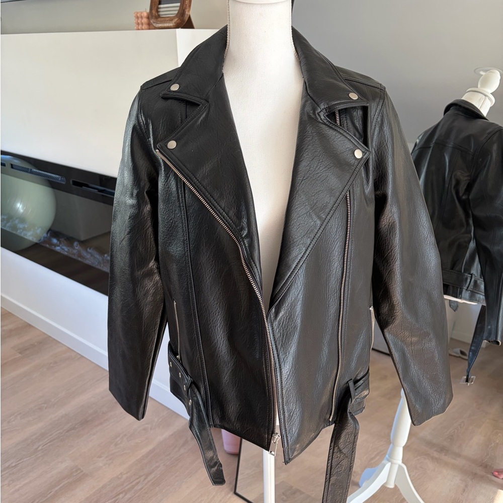 Faux Black Leather Biker Jacket - Women's